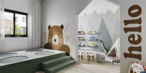 Brinquedoteca ampla com brinquedos, mesas e livros no Join Vila Mariana