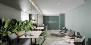 Coworking com ambiente amplo e agradável para você trabalhar dentro do condomínio. Com poltronas, mesas e cadeiras