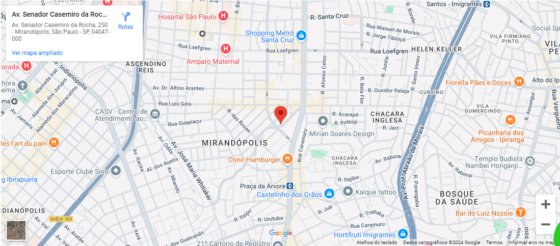 Mapa com localização do Join Vila Mariana, do lado da Vila Clementino, perto dos hospitais e dos metrôs Shopping Santa Cruz e Praça da Árvore