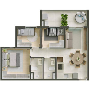 Planta de 3 dormitórios de 59m² com suíte e varanda no Join Vila Mariana