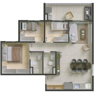 Planta de 3 dormitórios de 69m² com suíte e varanda no Join Vila Mariana